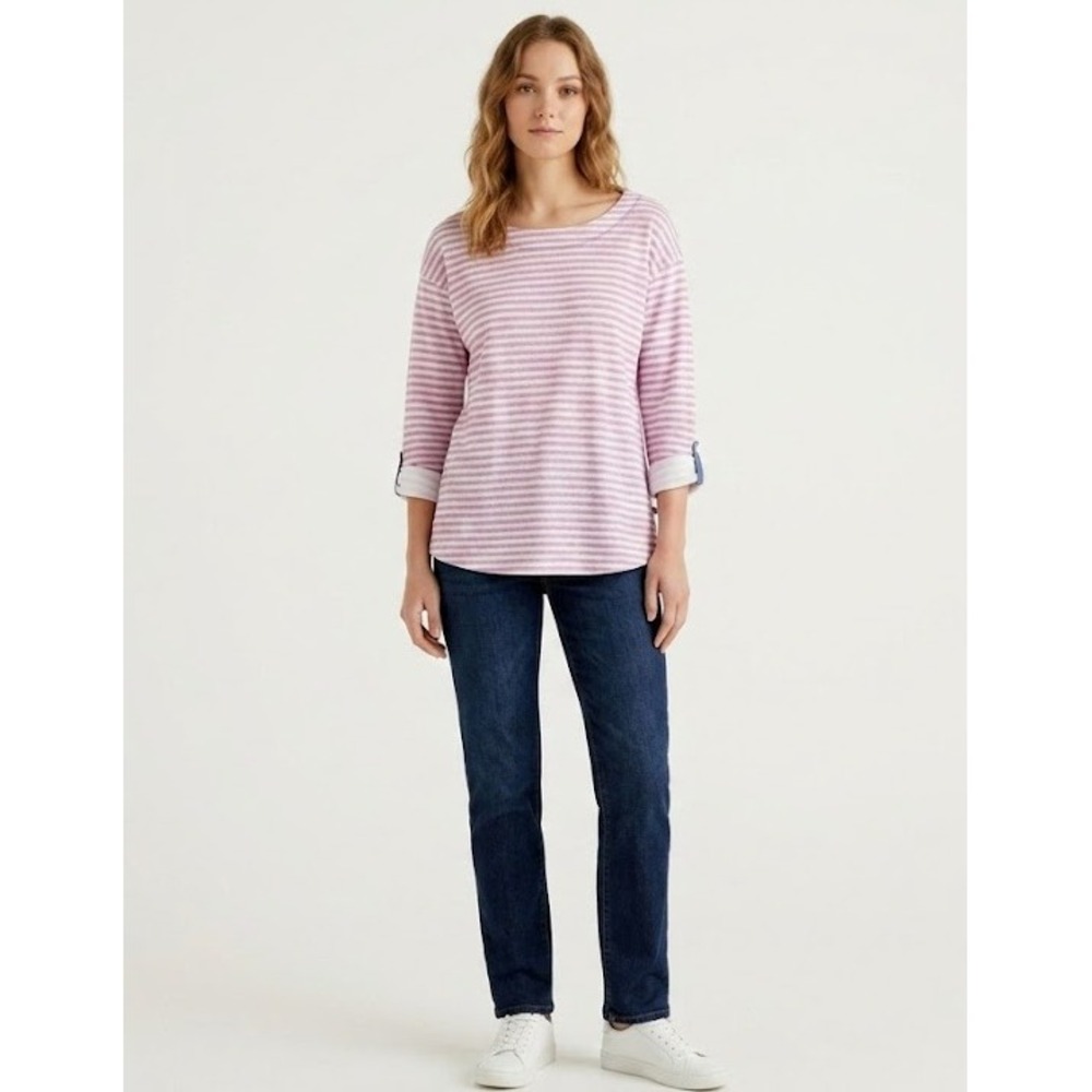 New Talbots Medium Purple White Striped Rolled Sleeve Preppy Cotton Stretch‎ Top